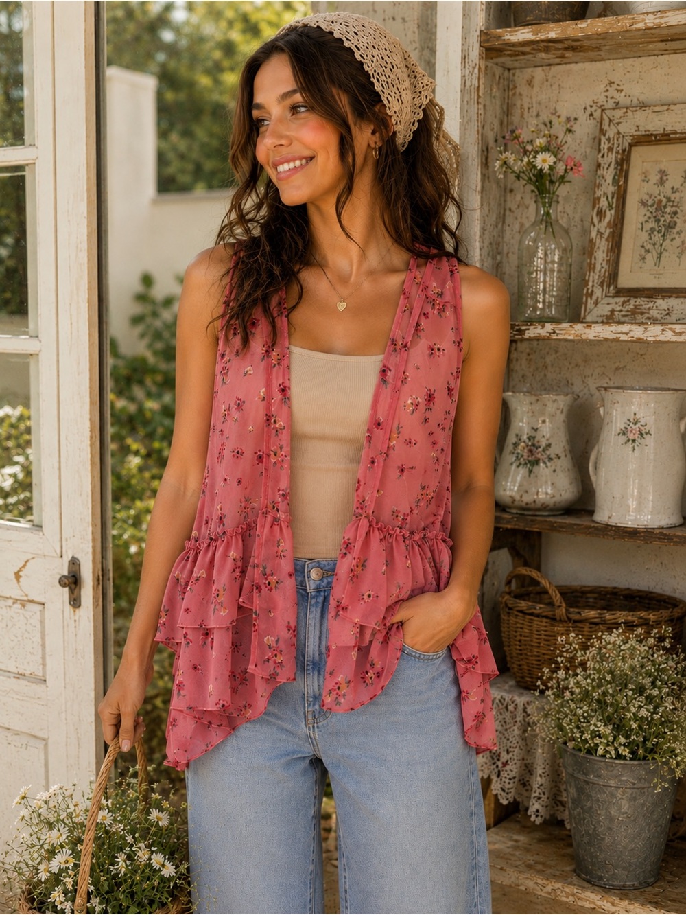 Beautees Floral Ruffle Open-Front Vest – Women’s Medium